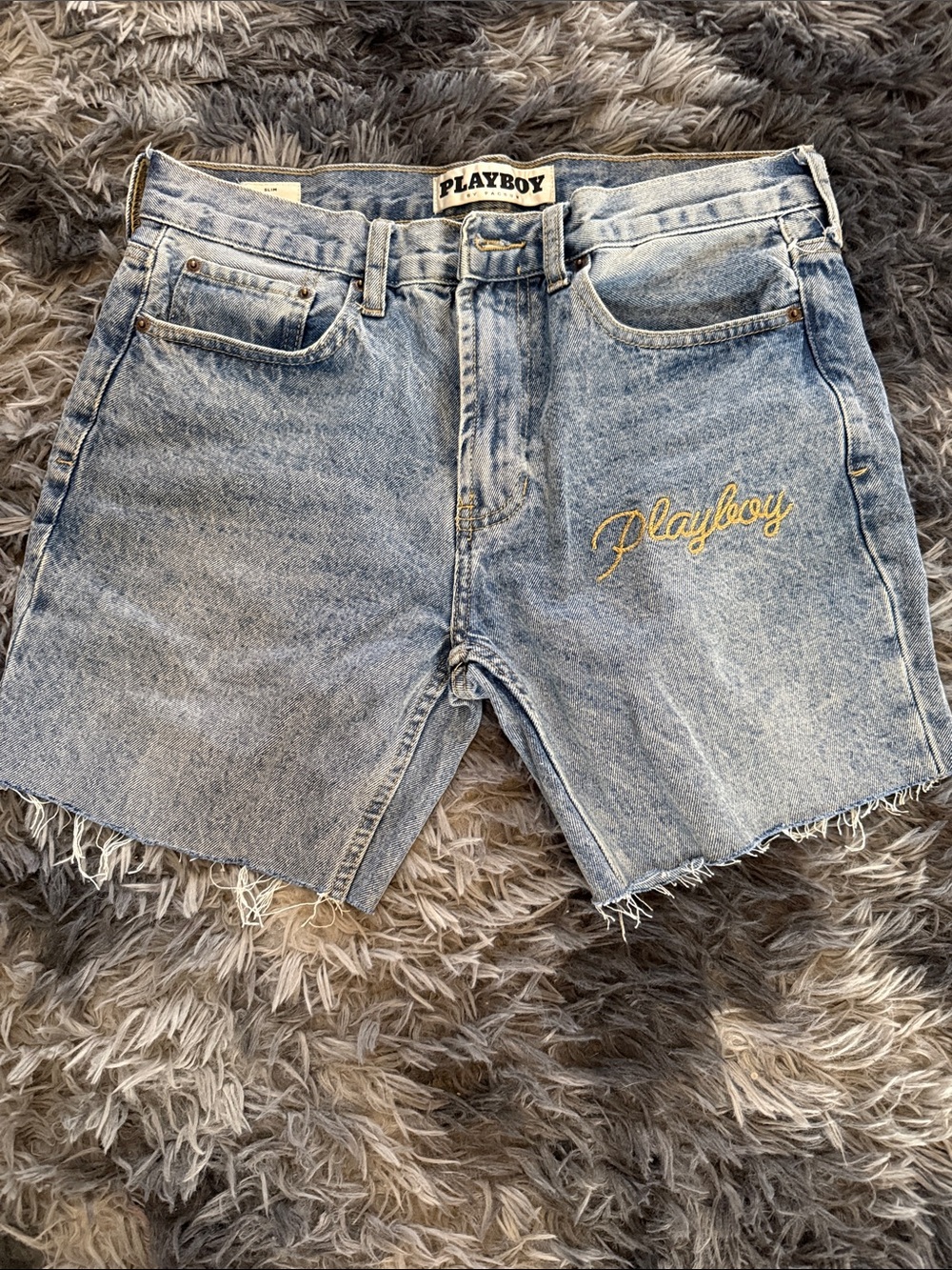 PLAYBOY Light Wash Denim Shorts with Yellow Embroidered Logo